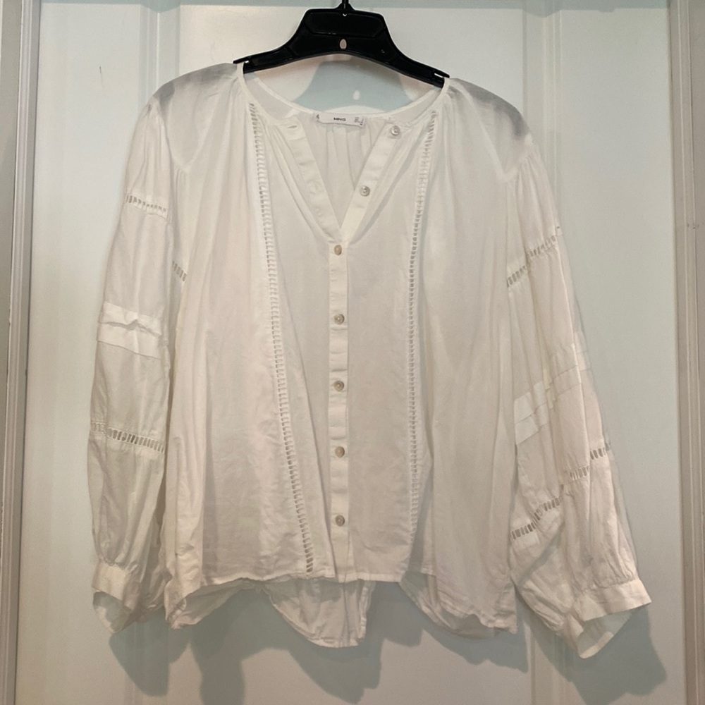 Mango button front blouse with puff sleeves